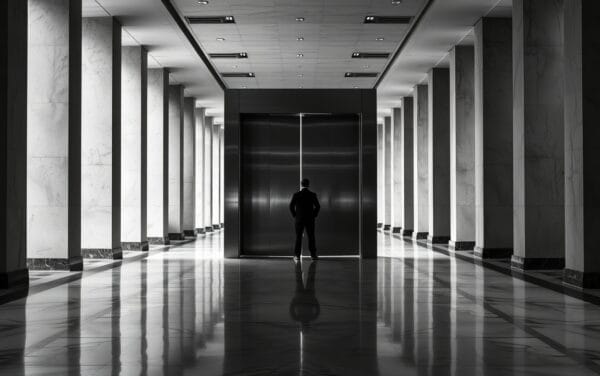 Lourde porte d'acier entrouverte dans un couloir institutionnel désert, silhouette de dos au loin.