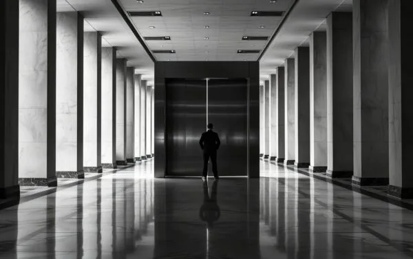 Lourde porte d'acier entrouverte dans un couloir institutionnel désert, silhouette de dos au loin.