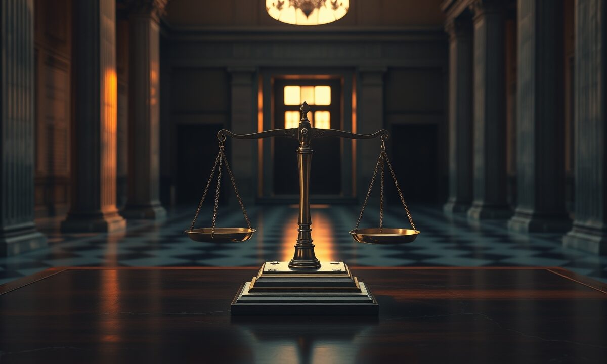 Farage visé par le watchdog UK pour lobbying crypto présumé 1 Balance ancienne en laiton sur un bureau en bois sombre dans une salle institutionnelle vide, lumière chaude corail.
