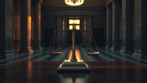Farage visé par le watchdog UK pour lobbying crypto présumé 13 Balance ancienne en laiton sur un bureau en bois sombre dans une salle institutionnelle vide, lumière chaude corail.