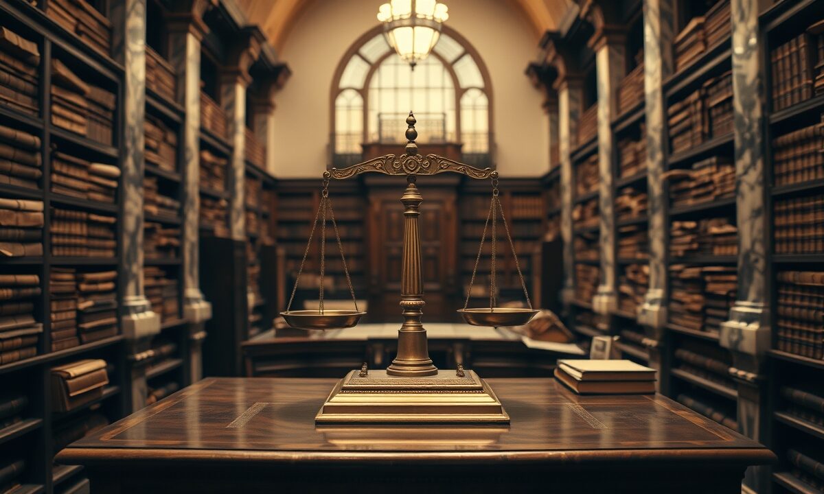 Balance en laiton ancienne posée sur un bureau en bois sombre dans une salle d'archives institutionnelle.