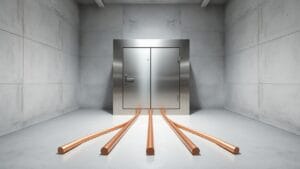 Grvt : 111M$ de TVL pour la plateforme composable RWA 15 Porte de coffre en acier brossé aux canaux de cuivre ramifiés dans un hall clair et épuré