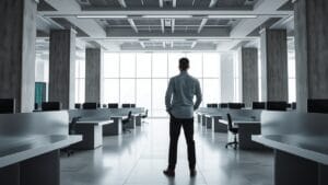 Gumi : fonds crypto de 18,3 M$ lancé avec SBI et Daiwa 13 Salle de marché institutionnelle épurée avec analyste de dos, tons blancs et vert émeraude.