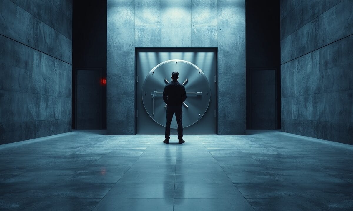 Panther Hollow lance une banque d'affaires crypto RWA 1 Lourde porte de coffre en acier brossé dans un hall institutionnel gris, silhouette lointaine de dos