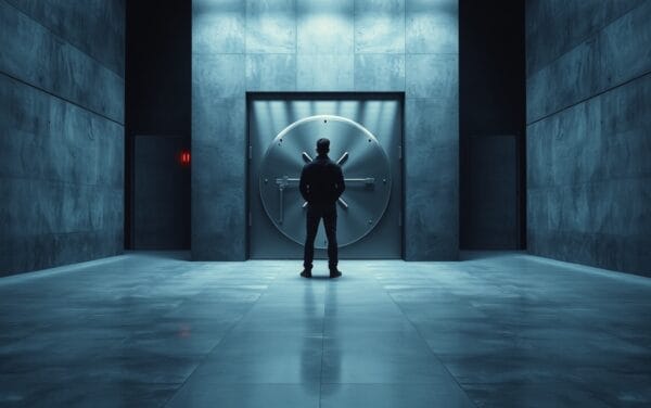 Lourde porte de coffre en acier brossé dans un hall institutionnel gris, silhouette lointaine de dos