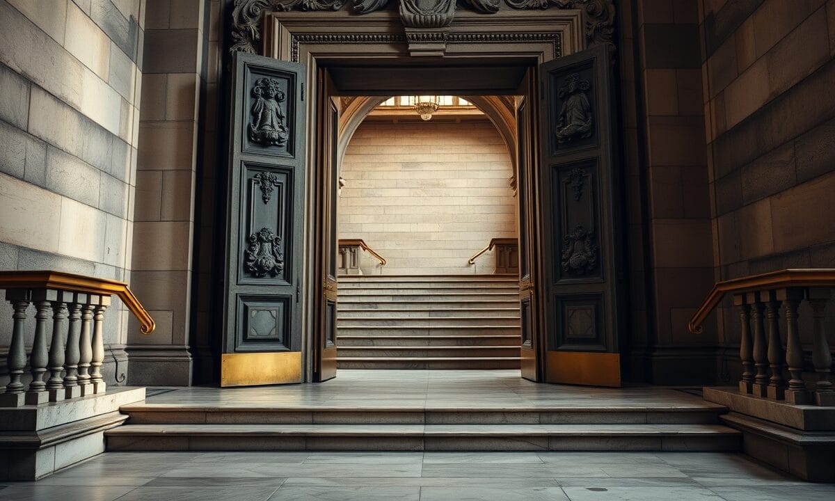 Portes massives entrouvertes d'un bâtiment institutionnel britannique sur un escalier de marbre vide, lumière rasante ambrée.