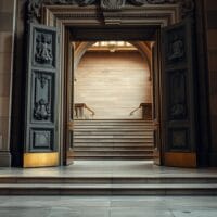 Portes massives entrouvertes d'un bâtiment institutionnel britannique sur un escalier de marbre vide, lumière rasante ambrée.