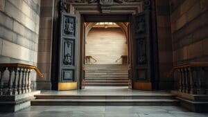 Règles crypto UK : la FCA ouvre le marché, 85 % d'échecs menacent 12 Portes massives entrouvertes d'un bâtiment institutionnel britannique sur un escalier de marbre vide, lumière rasante ambrée.