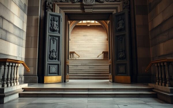 Portes massives entrouvertes d'un bâtiment institutionnel britannique sur un escalier de marbre vide, lumière rasante ambrée.