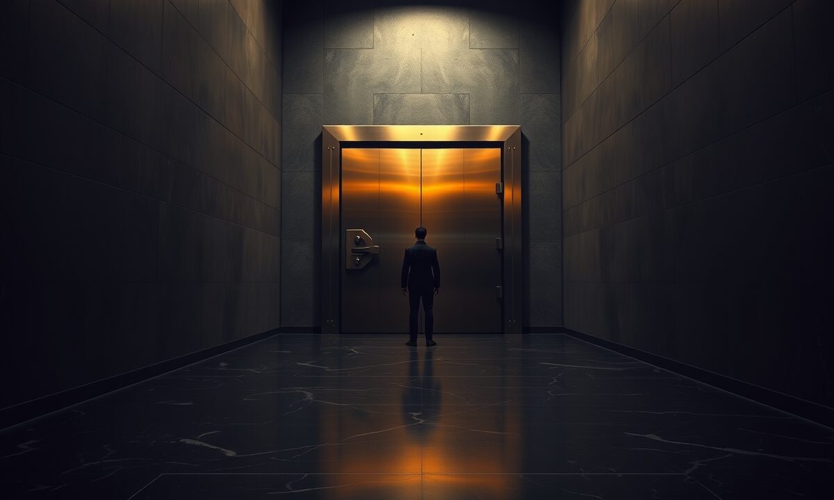 Ripple XRPL : le protocole de prêt DeFi qui vise Ethereum 1 Porte de coffre en acier entrouverte dans un couloir institutionnel sombre, silhouette de dos au loin.