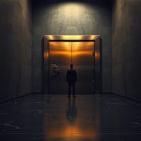 Porte de coffre en acier entrouverte dans un couloir institutionnel sombre, silhouette de dos au loin.