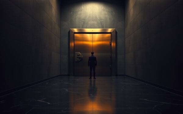 Porte de coffre en acier entrouverte dans un couloir institutionnel sombre, silhouette de dos au loin.