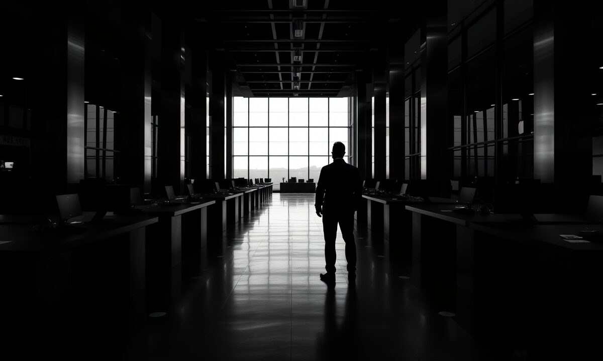 Salle des marchés vide à l'aube, silhouette d'un analyste de dos dans une lumière noir et blanc contrastée