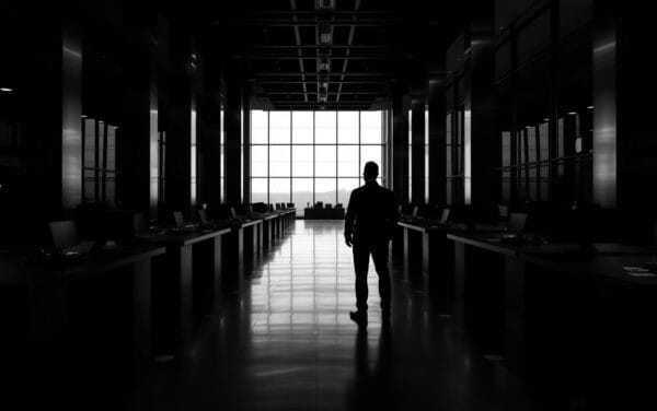 Salle des marchés vide à l'aube, silhouette d'un analyste de dos dans une lumière noir et blanc contrastée