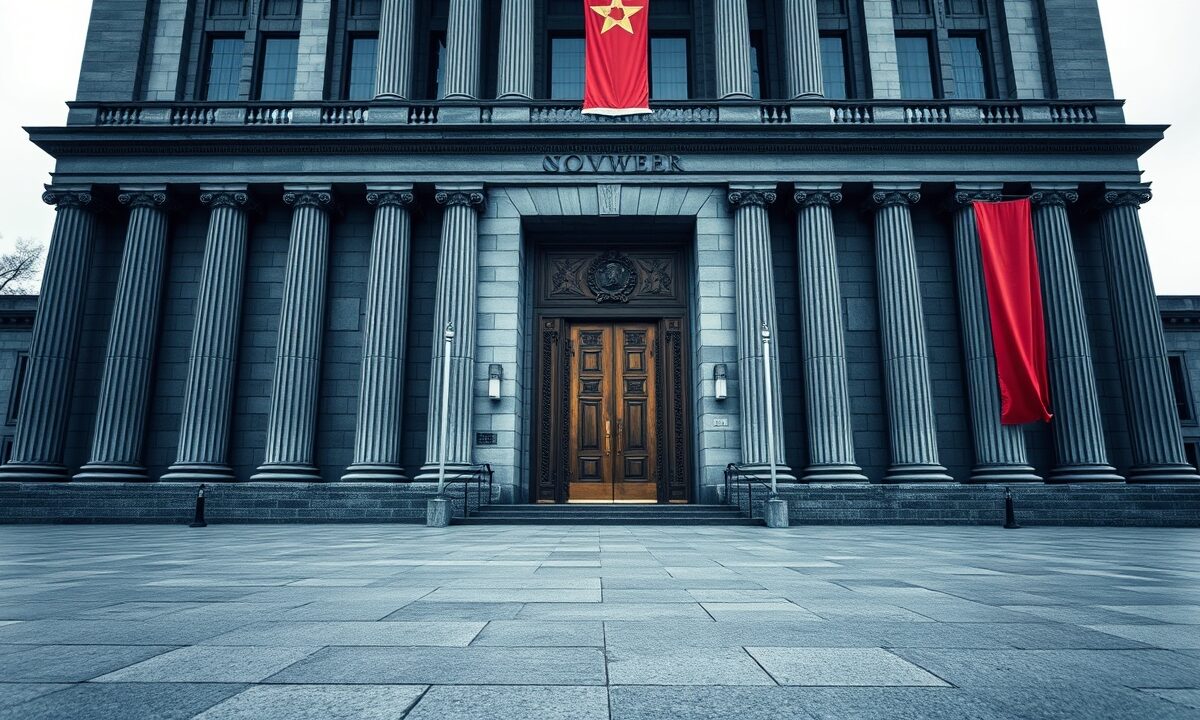 Façade institutionnelle austère aux colonnes de pierre, symbole de la régulation financière des ETFs par la SEC.