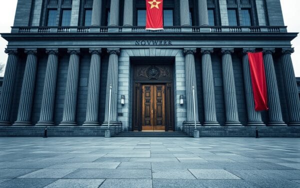 Façade institutionnelle austère aux colonnes de pierre, symbole de la régulation financière des ETFs par la SEC.