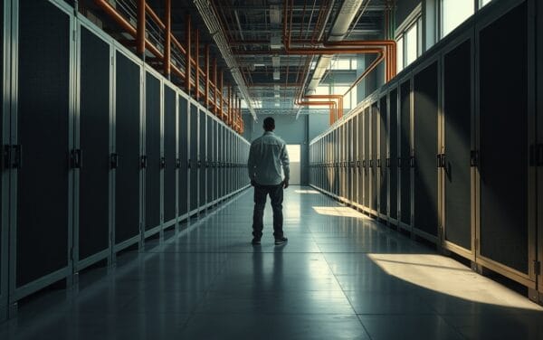 Salle des machines aux tons ocre, silhouette de technicien de dos au fond d'une allée de serveurs en acier