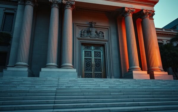 Façade en pierre d'un palais de justice taïwanais au crépuscule, marches de marbre désertes