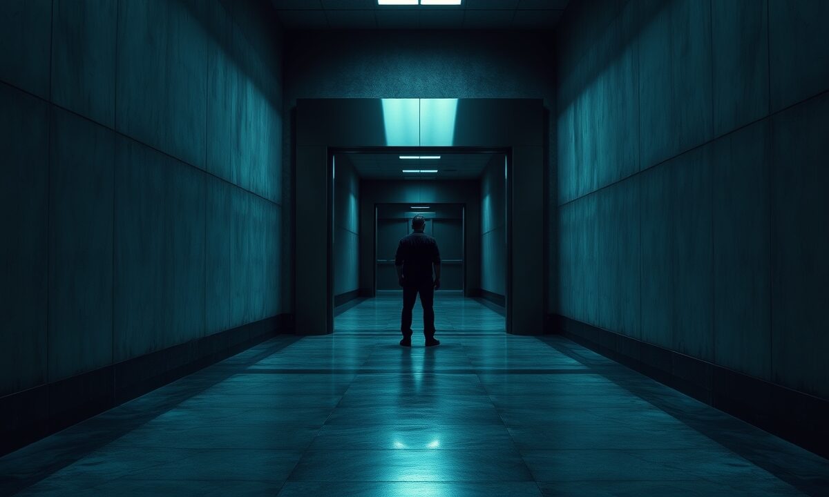 Porte de coffre en acier entrouverte dans un couloir sombre, silhouette de dos au loin