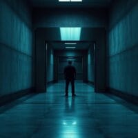 Porte de coffre en acier entrouverte dans un couloir sombre, silhouette de dos au loin
