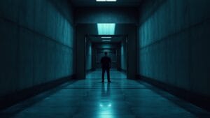 Tim Draper conteste Arkham sur un portefeuille Bitcoin 11 Porte de coffre en acier entrouverte dans un couloir sombre, silhouette de dos au loin