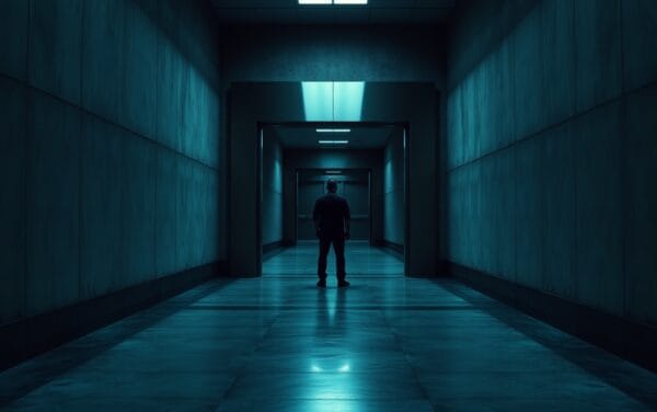 Porte de coffre en acier entrouverte dans un couloir sombre, silhouette de dos au loin