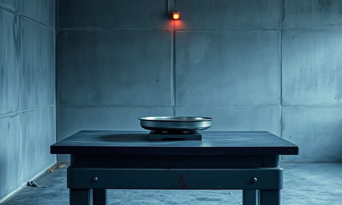 Balance en acier brossé posée sur un établi en ardoise, lumière froide bleu-gris et accent rouge.