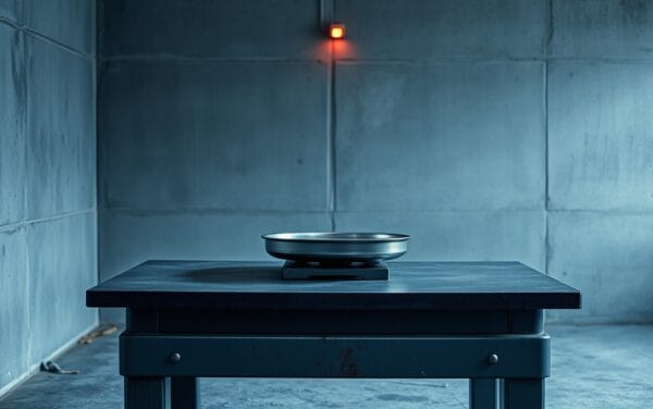Balance en acier brossé posée sur un établi en ardoise, lumière froide bleu-gris et accent rouge.