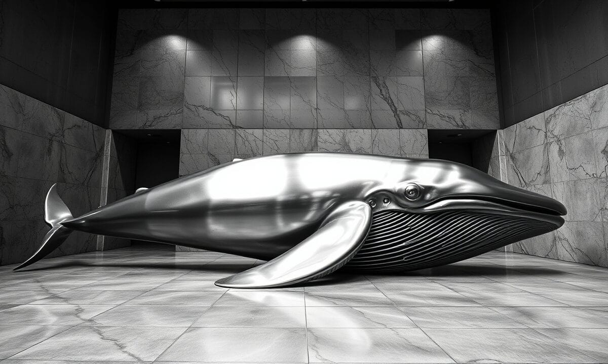 XRP repasse 1,06 $ : baleines actives, retail prudent 1 Sculpture d'une baleine en acier brossé dans une galerie en noir et blanc contrasté
