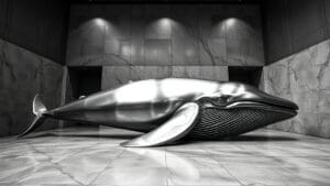 XRP repasse 1,06 $ : baleines actives, retail prudent 20 Sculpture d'une baleine en acier brossé dans une galerie en noir et blanc contrasté