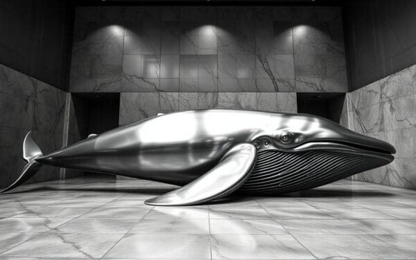 Sculpture d'une baleine en acier brossé dans une galerie en noir et blanc contrasté