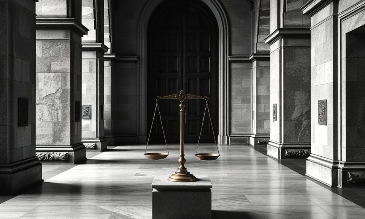 Couloir de palais de justice vide en noir et blanc avec balance ancienne et porte massive