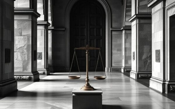 Couloir de palais de justice vide en noir et blanc avec balance ancienne et porte massive