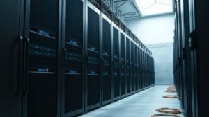 Rangée de serveurs sombres avec un voyant rouge d'alerte parmi des indicateurs bleus