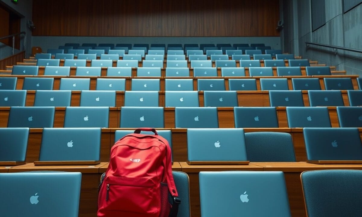 Éducation crypto : 90 % des étudiants US en veulent 1 Amphithéâtre universitaire vide avec ordinateurs fermés, symbole du fossé entre cours crypto et réseaux sociaux.