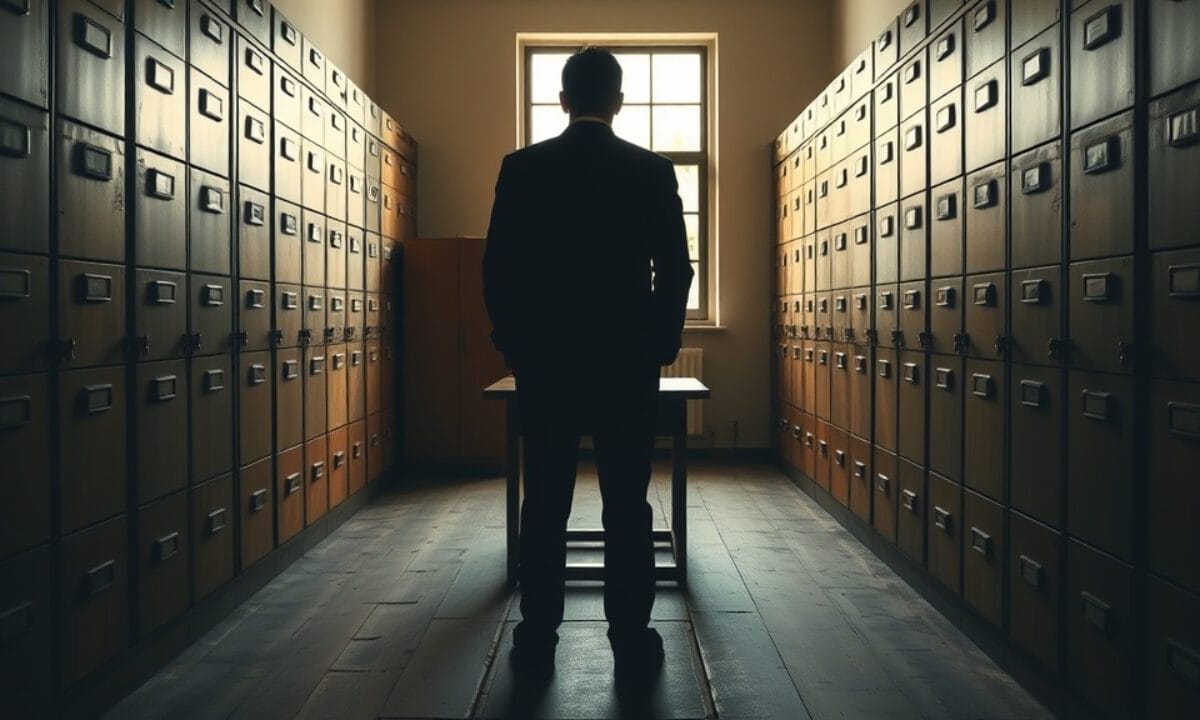Salle d'archives vide aux tons ocre, silhouette de dos près d'une fenêtre en lumière d'après-midi