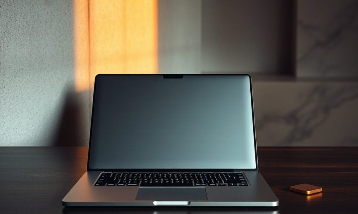 Jitpass : sécuriser ses secrets en clair sur macOS 1 Ordinateur portable fermé en acier brossé sur un bureau sombre, clé en cuivre à côté, lumière corail