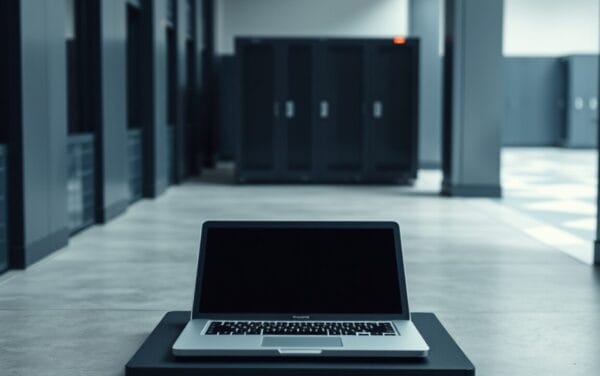 Ordinateur portable fermé dans un bureau vide, lumière bleu acier et accent rouge, illustrant l'incident OpenClaw.