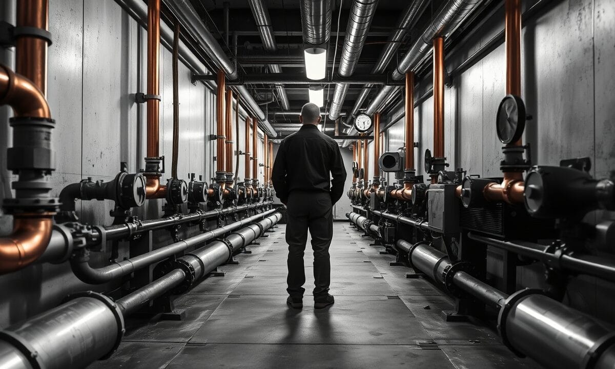 Spark passe de 80 à 20 M$ et devient le backend des géants 1 Salle des machines industrielle aux tuyaux de cuivre, silhouette d'un ouvrier de dos au fond du couloir.