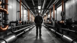 Spark passe de 80 à 20 M$ et devient le backend des géants 5 Salle des machines industrielle aux tuyaux de cuivre, silhouette d'un ouvrier de dos au fond du couloir.