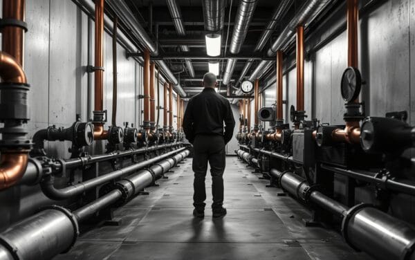 Salle des machines industrielle aux tuyaux de cuivre, silhouette d'un ouvrier de dos au fond du couloir.