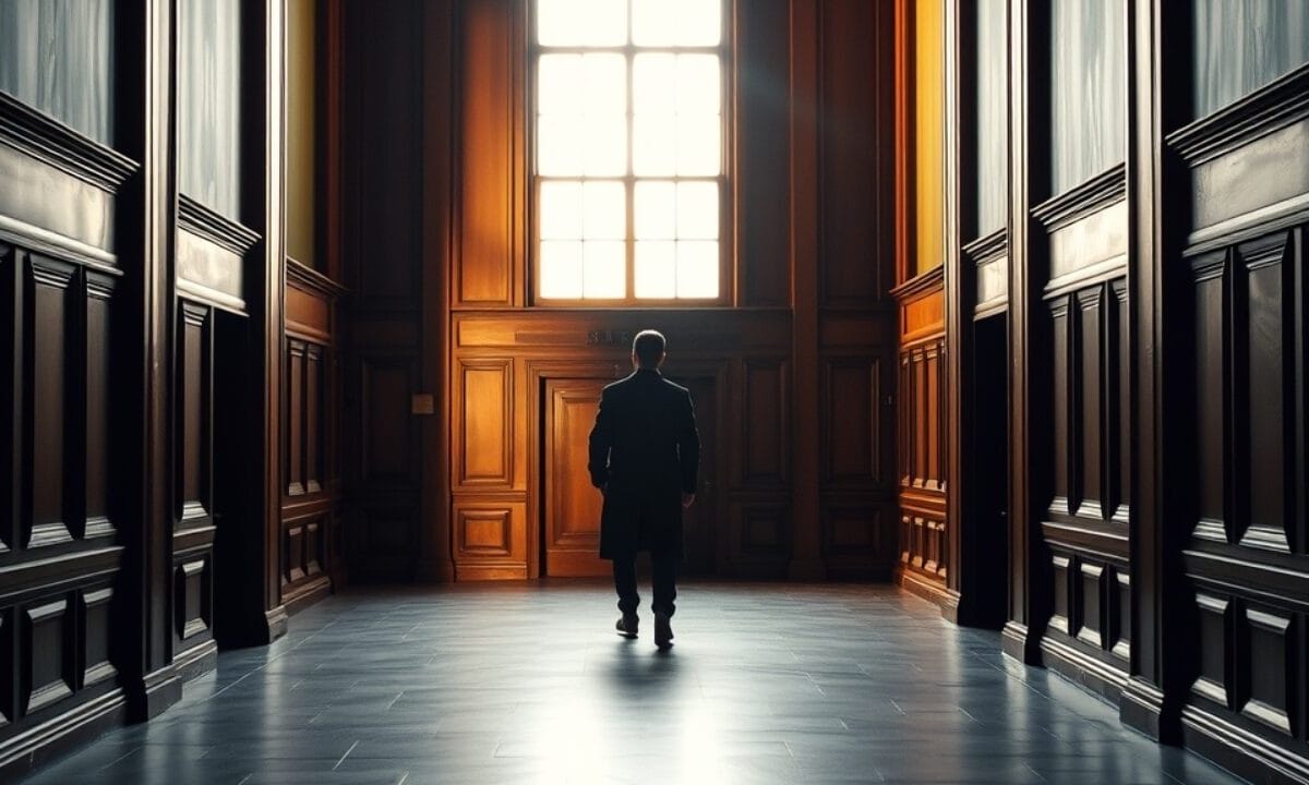 Couloir de palais de justice vide, silhouette de dos, ambiance bois sombre et vert forêt