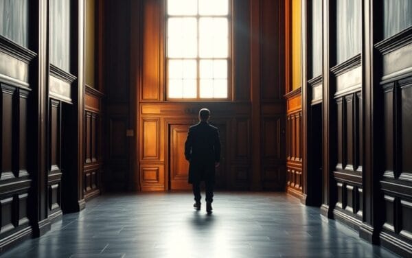 Couloir de palais de justice vide, silhouette de dos, ambiance bois sombre et vert forêt