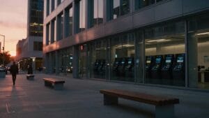 Façade vitrée d'un immeuble financier au crépuscule, plaza en béton et silhouette lointaine de dos