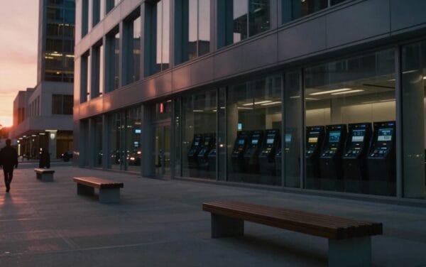 Façade vitrée d'un immeuble financier au crépuscule, plaza en béton et silhouette lointaine de dos