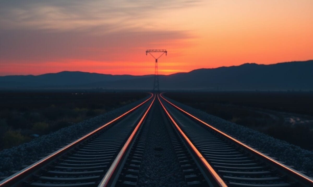 Rails ferroviaires se séparant en deux directions sous un ciel de crépuscule corail et indigo.