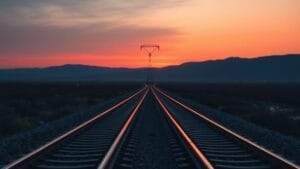 Rails ferroviaires se séparant en deux directions sous un ciel de crépuscule corail et indigo.