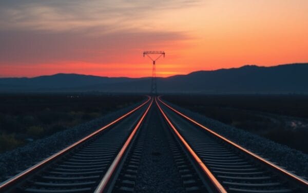 Rails ferroviaires se séparant en deux directions sous un ciel de crépuscule corail et indigo.
