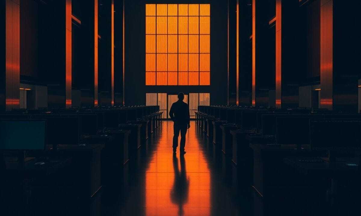 Salle de trading vide baignée de lumière ambrée, silhouette lointaine de dos.