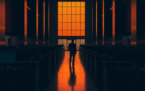 Salle de trading vide baignée de lumière ambrée, silhouette lointaine de dos.
